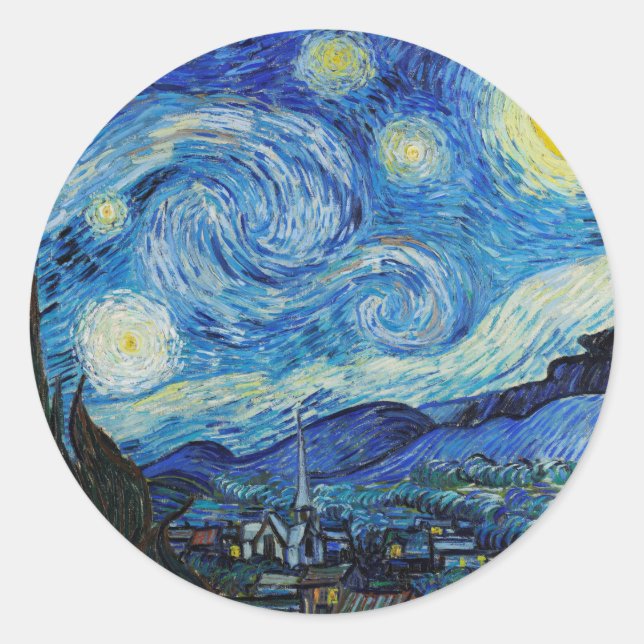 Adesivo Redondo Van Gogh Starry Night. Impressionismo arte de vint (Frente)