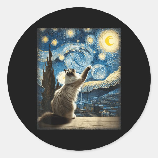 Adesivo Redondo Van Gogh Starry Night Style Artístico Ragdoll Cat (Frente)