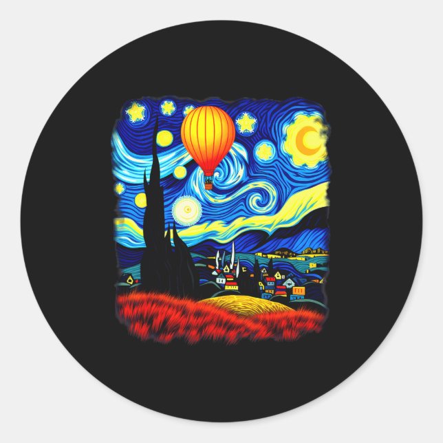 Adesivo Redondo Van Gogh Style Hot Air Balloon Starry Night  (Frente)