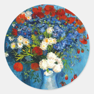 Adesivo Redondo Van Gogh Vase com Cornflower e Poppies