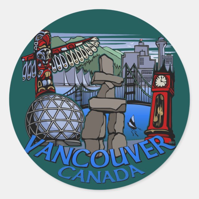 Adesivo Redondo Vancouver Canada Stickers Totem Pole Landmark Art (Frente)