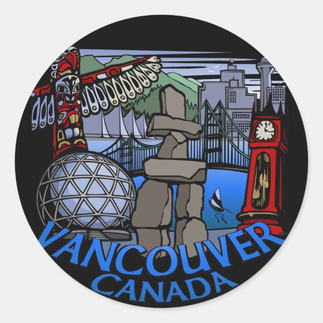 Adesivo Redondo Vancouver Canada Stickers Totem Pole Landmark Art (Frente)