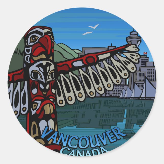 Adesivo Redondo Vancouver Canada Stickers Totem Pole Landmark Art (Frente)