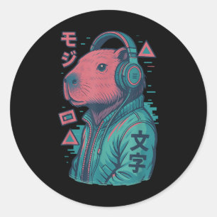 Adesivo Redondo Vaporwave Capybara Japonês Art Anime Manga Ukiyo -