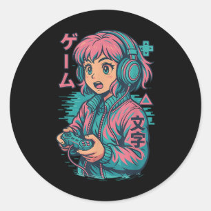 Adesivo Redondo Vaporwave Gamer Girl Japonês Art Anime Manga Grap