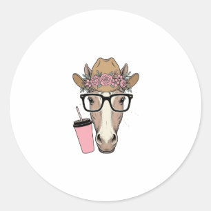 Adesivo Redondo Vaqueira Antiga Cavalo Com Flores e Bebida Rosa