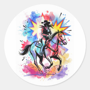 Adesivo Redondo Vaqueira Colorida Cavalo Aquarela Pop Art