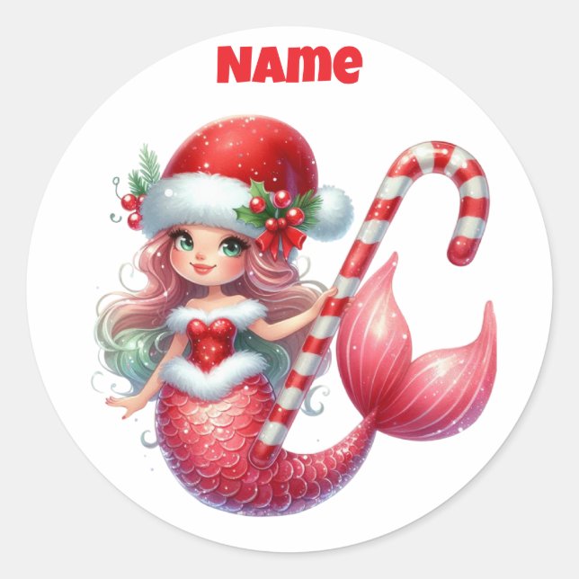 Adesivo Redondo Vara Circular Personalizada da Sereia de Natal (Frente)