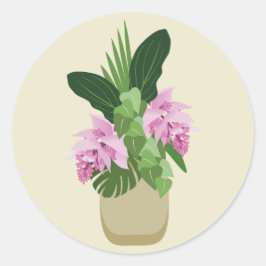 Adesivo Redondo Vase Amarelo-Flor Rosa-Rosa-Tropical