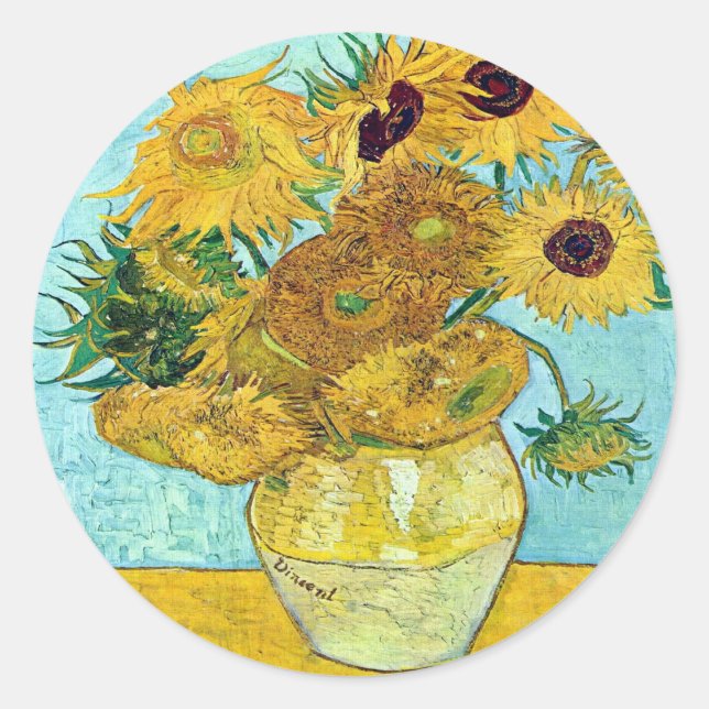 Adesivo Redondo Vase Com Doze Girassóis Por Vincent Van Gogh (Frente)