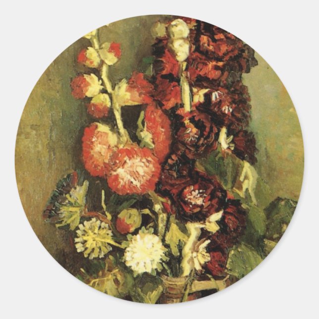 Adesivo Redondo Vase com Hollyhocks por Vincent van Gogh (Frente)