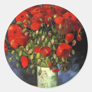Adesivo Redondo Vase com Poppies Vermelhos   Vincent van Gogh