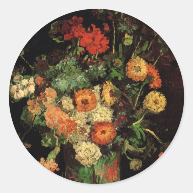 Adesivo Redondo Vase com Zinnias e Geraniums, Vincent van Gogh (Frente)