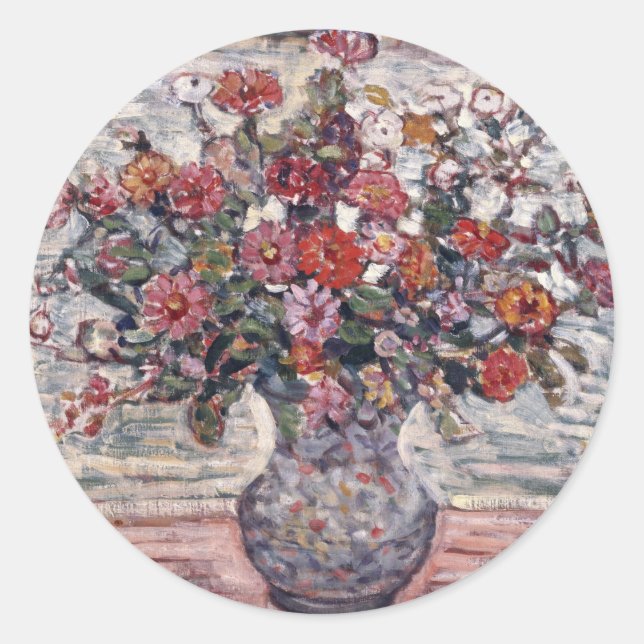 Adesivo Redondo Vase das Flores, Zinnias, por Maurice Prendergast (Frente)