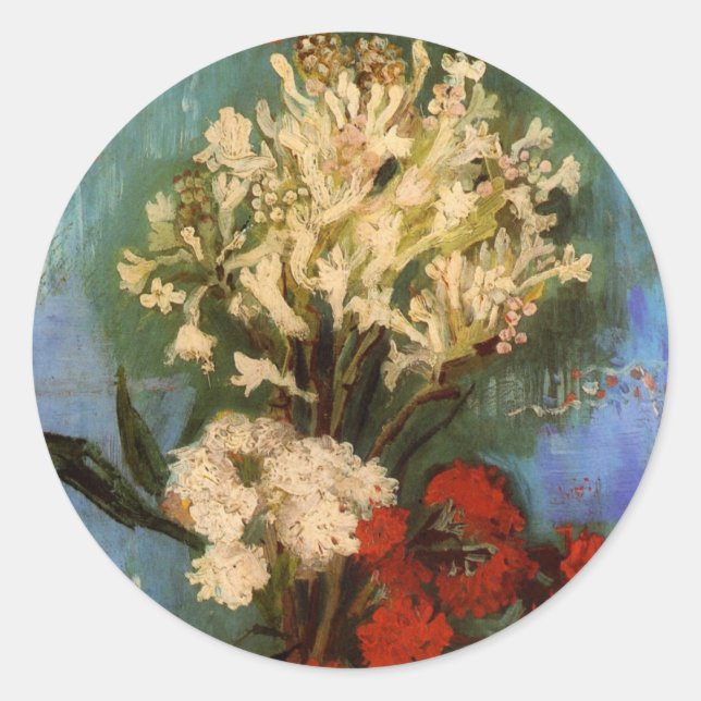 Adesivo Redondo Vaso com Cravos de Vincent van Gogh (Frente)