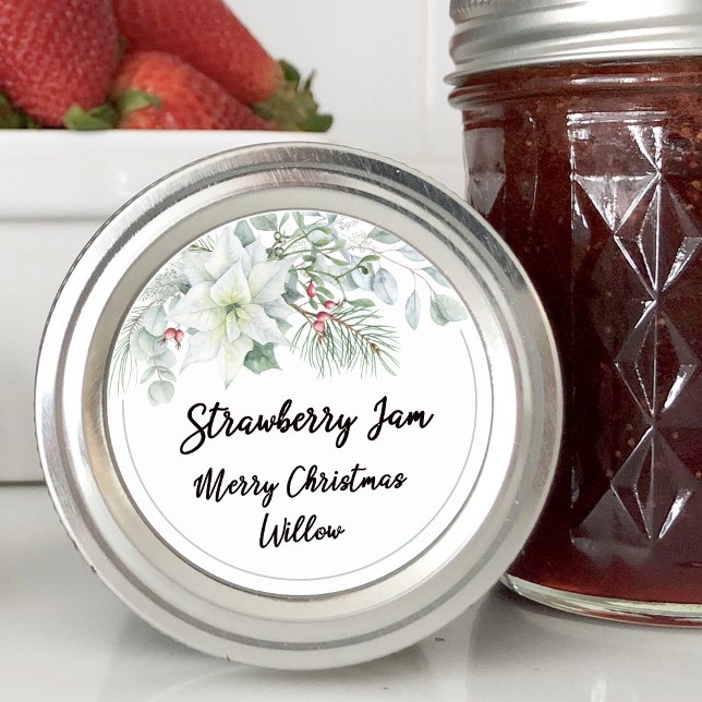 Adesivo Redondo Vaso de Pedra Branco Poinsettia Branco Feito em Ca (White Poinsettia Blank Homemade Mason Jar Classic Round Sticker)