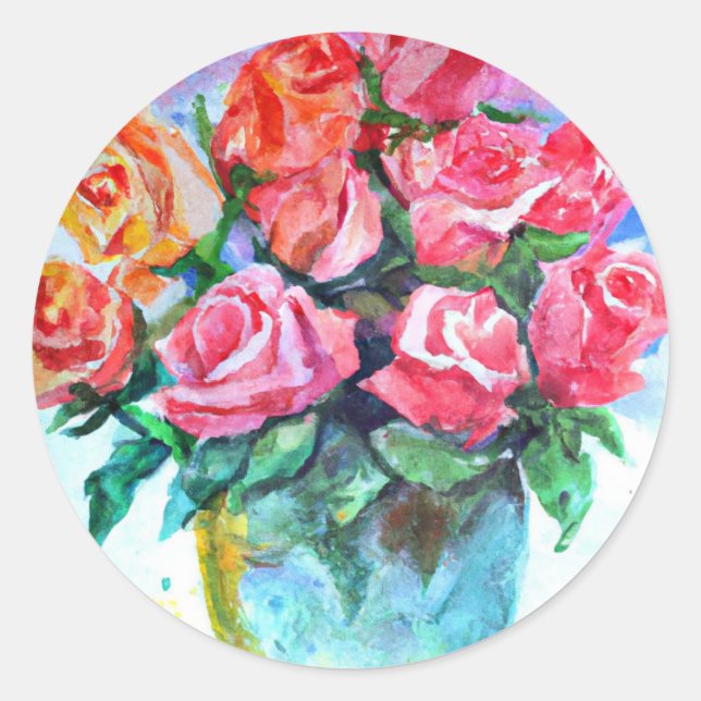 Adesivo Redondo vaso de rosas em aquarela (Frente)