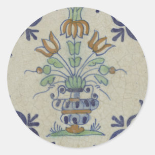 Adesivo Redondo Vaso de Tulipa Holandesa em Azulejo Delft Antigo: