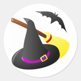 Adesivo Redondo Vassoura E Chapéu De Bruxas