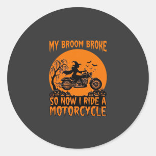 Adesivo Redondo Vassoura Quebrou Halloween Bruxa Motocicleta Morce