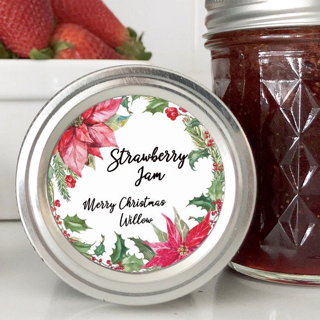 Adesivo Redondo Vazio de Poinsettia de Aquarela (Watercolor Poinsettia Blank Classic Round Sticker)