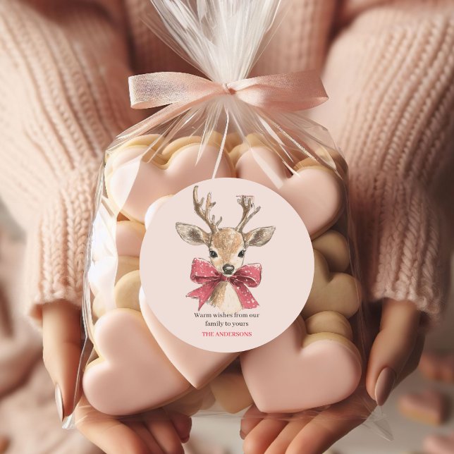 Adesivo Redondo Veado bonito com Arco Vermelho | Natal Rosa (Criador carregado)