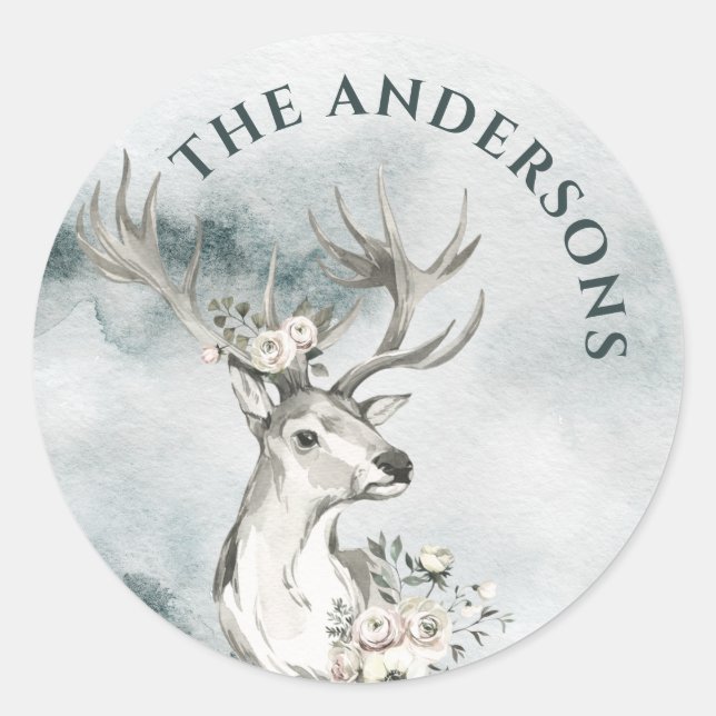 Adesivo Redondo Veado com Flores Aquarela Pequenos Rótulos Redondo (Frente)