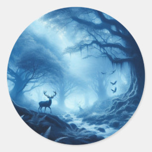 Adesivo Redondo Veado na Floresta Negra de Azul