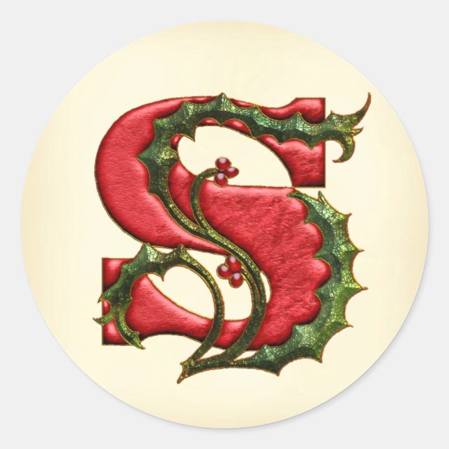 Adesivo Redondo Vedantes de Envelope S de Natal Holly Monogramas (Frente)