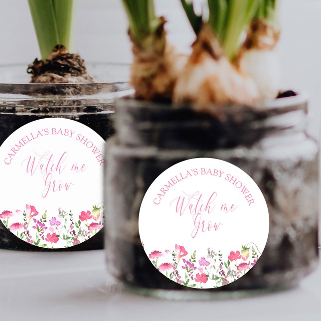 Adesivo Redondo Veja-me Cultivar Chá de fraldas de flor silvestre  (Watch me Grow baby shower favor stickers from my Pink Wildflower Collection. )