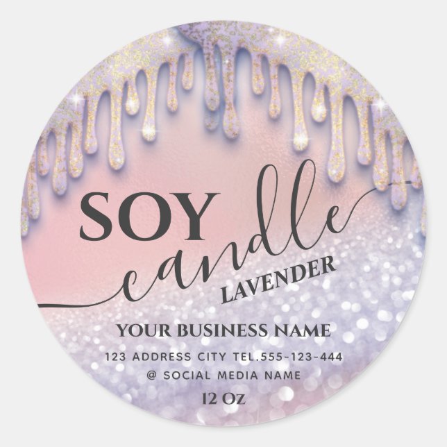 Adesivo Redondo Vela de soja moderna de luxo com gotas cintilantes (Frente)