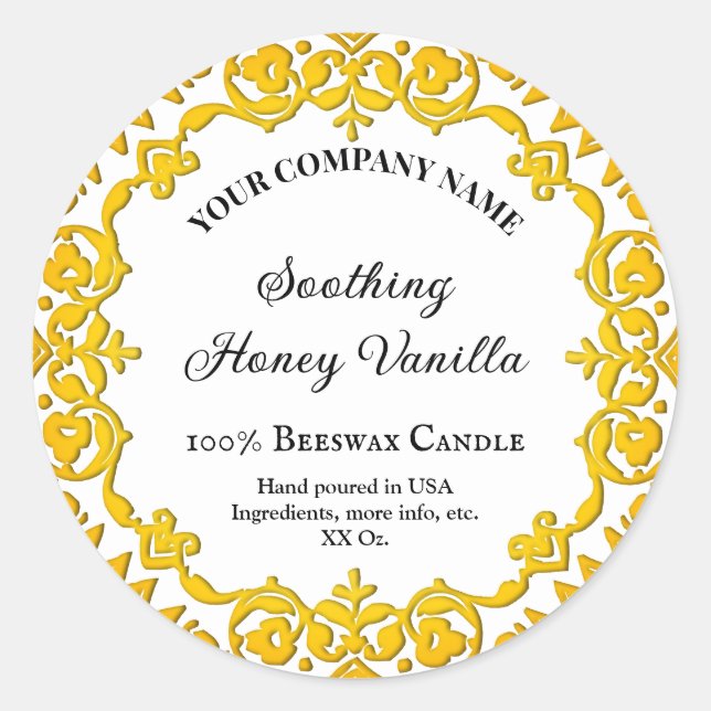 Adesivo Redondo Vela Floral Amarelo-Russo Editável (Frente)