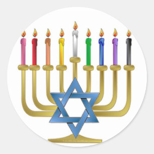 Adesivo Redondo Velas de Arco-íris de Hanuka Menorah Dourada