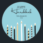 Adesivo Redondo Velas de Feriado Moderno Feliz Hanukkah<br><div class="desc">Personalize o texto personalizado acima. Você pode encontrar itens de coordenação adicionais na nossa coleção "Modern Happy Hanukkah Candles".</div>