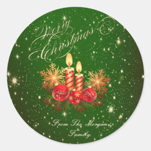 Adesivo Redondo Velas de Natal Elegantes, Bolas, Flocos de Neve
