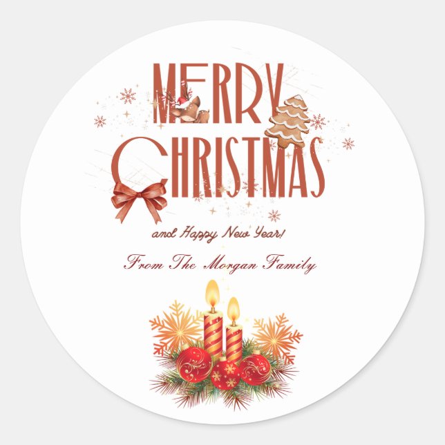 Adesivo Redondo Velas de Natal Vermelho Elegante Feliz Natal (Frente)