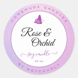 Adesivo Redondo Velas Embalagem Borboleta Rosa Brilhante