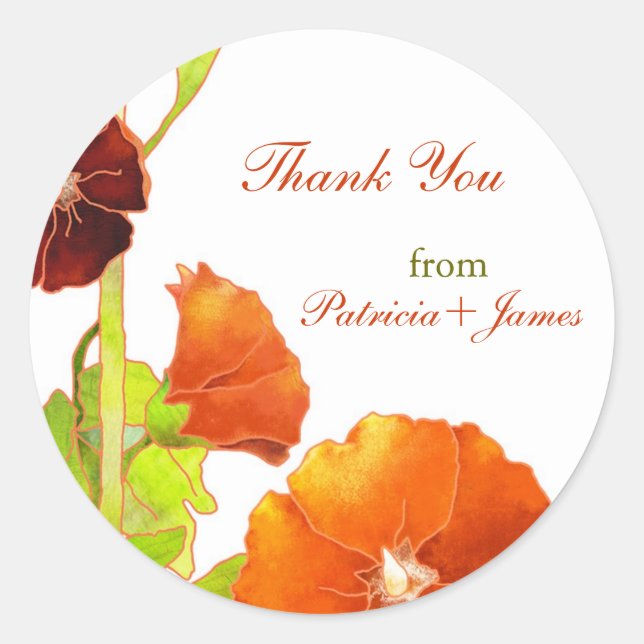 Adesivo Redondo Velvety Red Hollyhocks Casamento Obrigado (Frente)