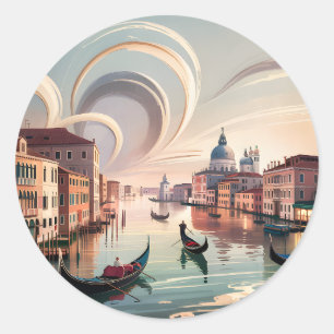 Adesivo Redondo Veneza Itália Gôndola Canal Aquarela Viagem Retro