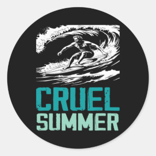 Adesivo Redondo Verão Cruel Onda Retro Surfando Férias Férias Mulh