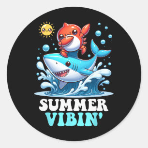 Adesivo Redondo Verão Vibin' Dabbing Caranguejo Surfando Tubarão S