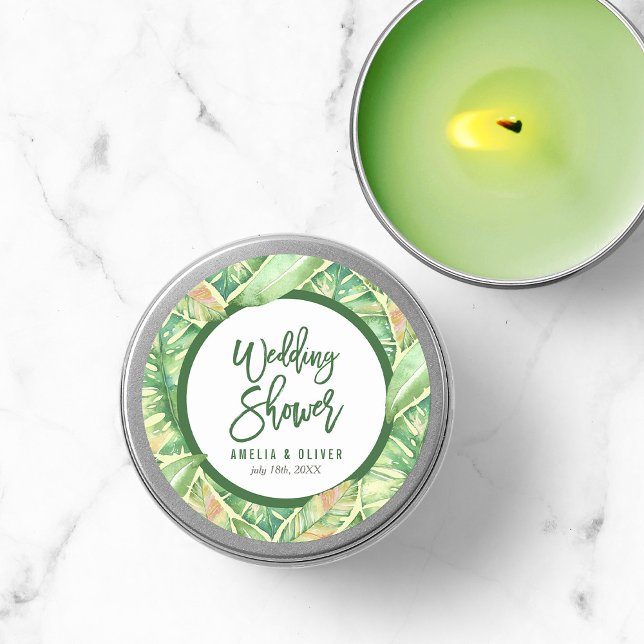 Adesivo Redondo Verde Aquarela Deixa Chá de casamento tropical (Criador carregado)