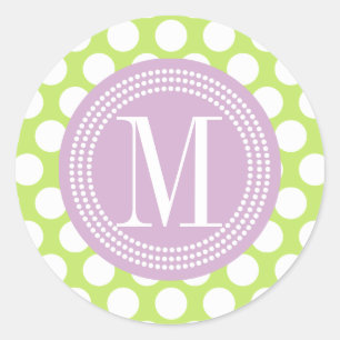 Adesivo Redondo Verde & bolinhas grandes da lavanda Monogrammed