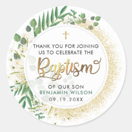 Adesivo Redondo Verde Botânico E Batismo Dourado Obrigado