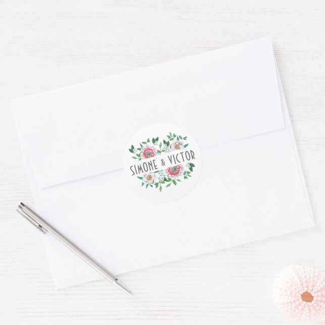 Adesivo Redondo Verde Botânico Elegante e Floral Rosa (Envelope)