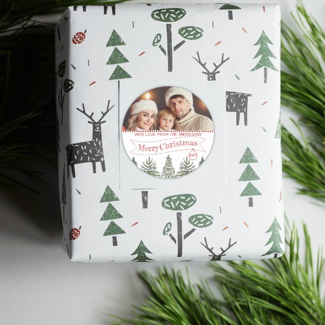 Adesivo Redondo Verde Botânico Foto Verde Vermelho Feliz Natal (Criador carregado)