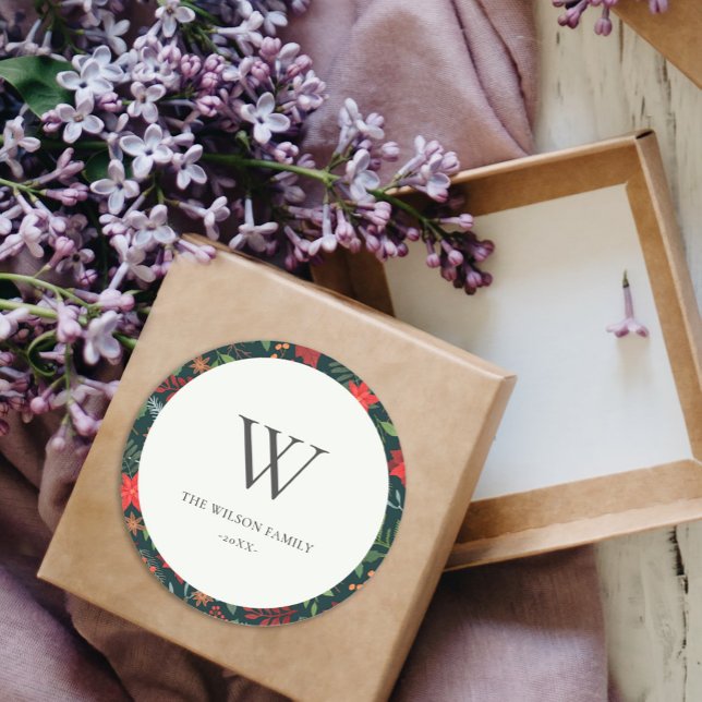 Adesivo Redondo Verde Castanho Berry Flora Padrão Monograma (Criador carregado)