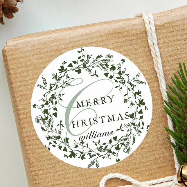 Adesivo Redondo Verde e Branca, flor selvagem moderna, Natal (Criador carregado)