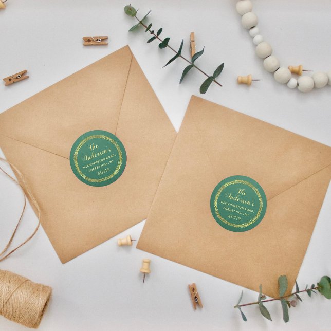 Adesivo Redondo Verde Festivo e Dourado Endereço de Retorno Person (Criador carregado)