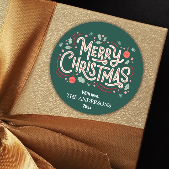 Adesivo Redondo Verde festivo moderno e branco Feliz Natal (Criador carregado)